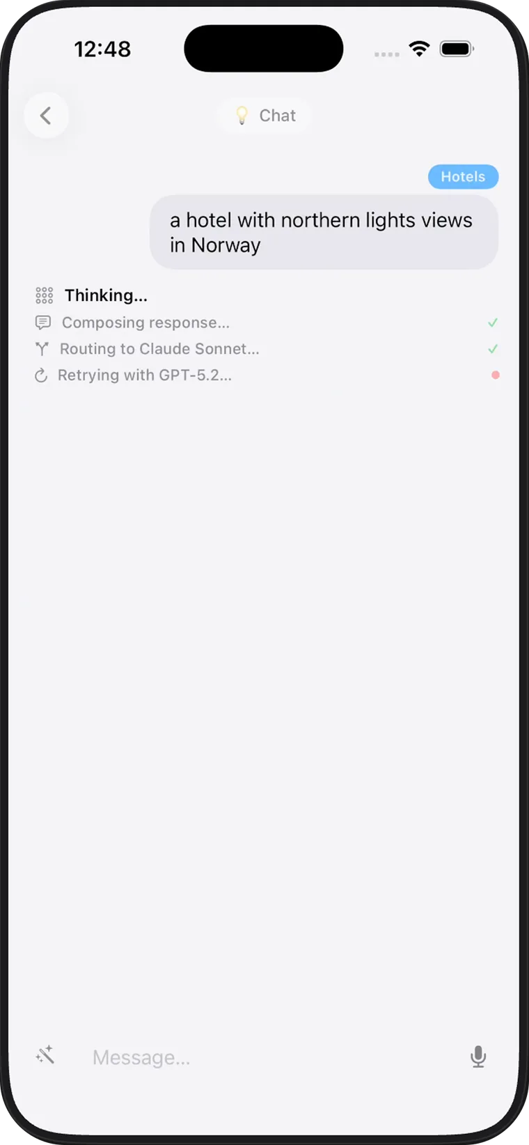 Eve chat screen routing a hotel request across AI models