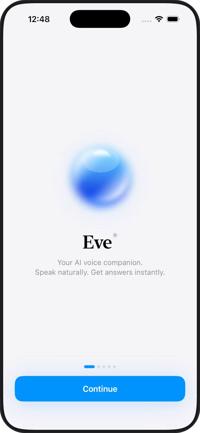 Eve onboarding screen with voice companion message